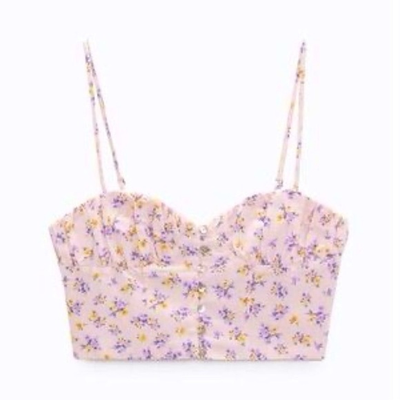 Zara Pink Floral Cottage Coquette Lolita Crop Top Buster Corset Cami - Picture 1 of 11